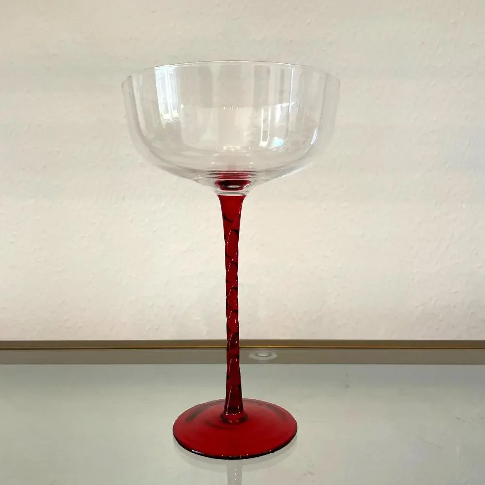 Set of 2 Coupe Martini Glasses with Ruby Red Textured Long Stem NEW
